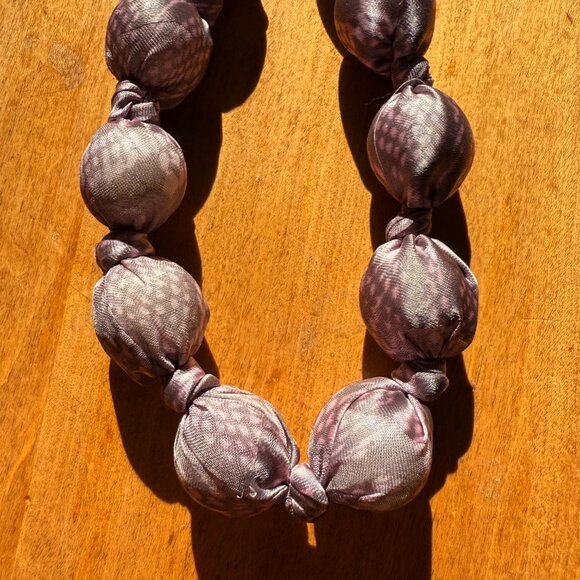 Purple Snakeskin Pattern Fabric Knotted Beaded Necklace - Picture 3 of 6